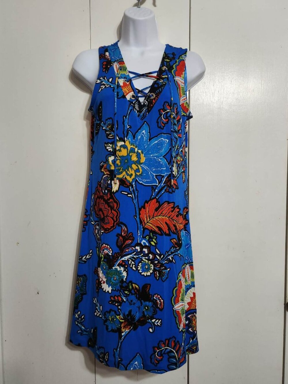 Premise Petite Dress PM Womens Medium Blue Floral Lace Up Front Sleeveless Mini